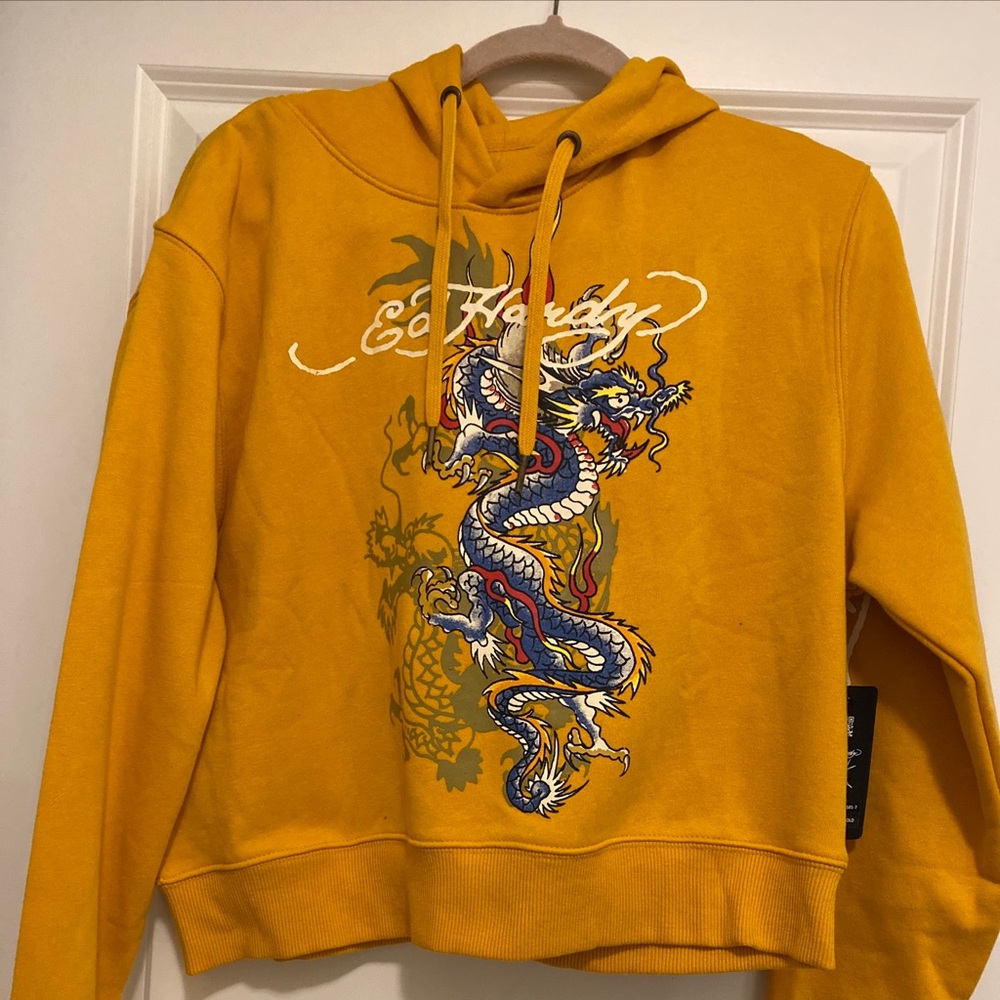 Ed Hardy Dragon Tattoo Pullover Gold Hoodie Junior Women Sz M Signature Logo New